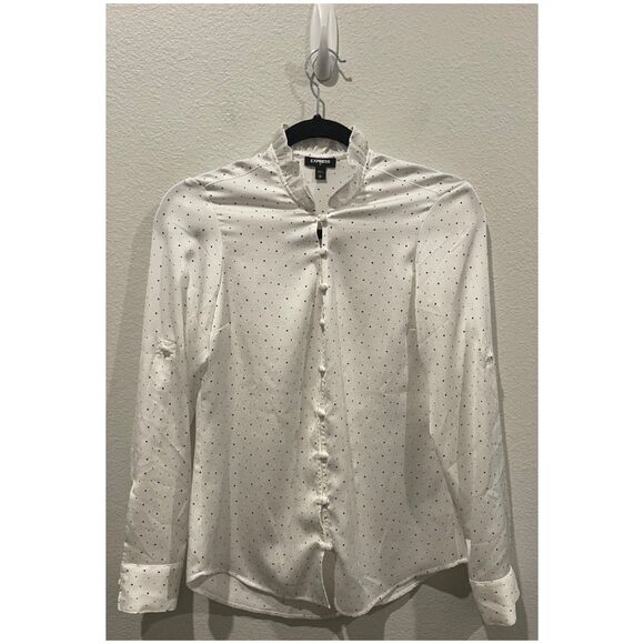 EXPRESS Slim Polka Dot Ruffle Neck Antique White Blouse - Picture 1 of 6